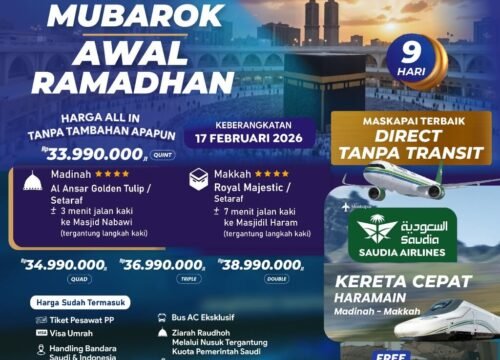 UMROH MUBAROK AWAL RAMADHAN HOTEL DEKAT PESAWAT SAUDIA FEBRUARI 2026 / 1447 H